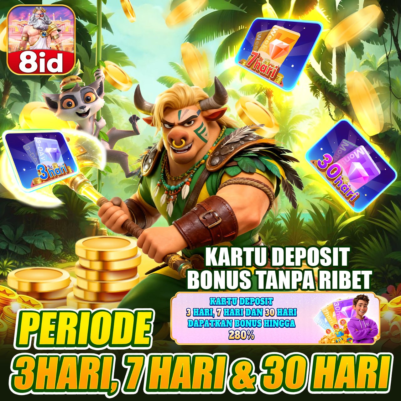 kartu deposit bonus tanpa ribet - periode 3 hari, 7 hari dan 30 hari di 8id apk 2026